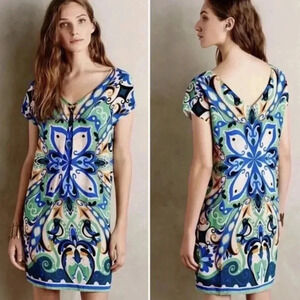 Anthropologie MAEVE Folksong Shift Dress Blue Green Bird Boho Sleeveless Size XS